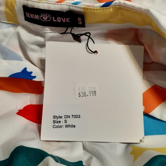 DENIM LOVE BLOUSE WOMEN'S SIZE S GEOMETRIC PRINT MULTICOLORED LONG SLEEVE BUTTON - Picture 8 of 10